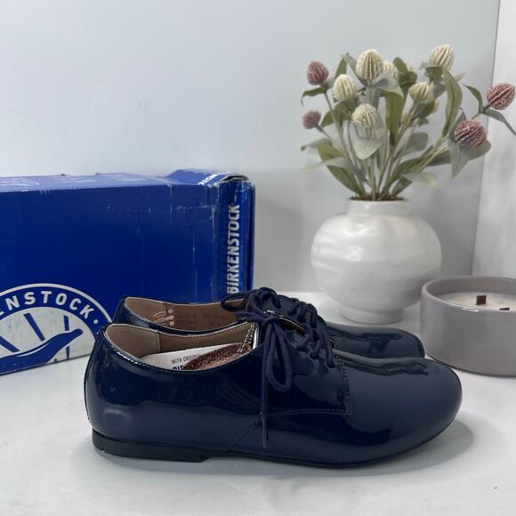 Birkenstock Saunders Patent Leather Clog Navy Women 5/Men 3 EU36 NWB Narrow - Picture 2 of 10